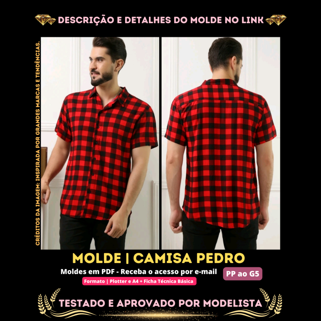 Baixe o molde em PDF da Camisa Pedro! Formatos A0 e A4, tamanhos PP a G5. Inclui ficha técnica e margem de costura. Receba por e-mail após a compra