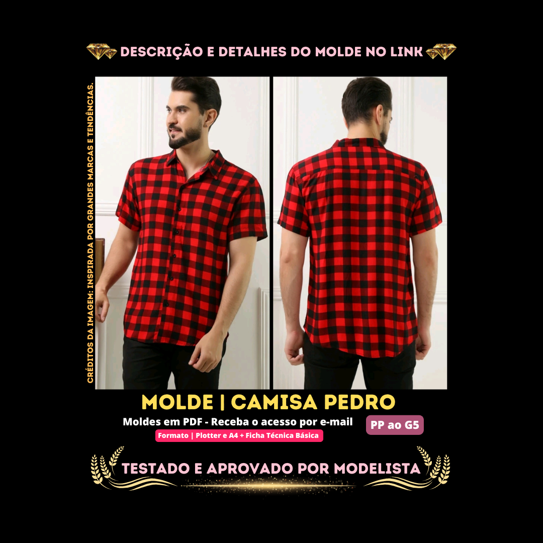 Molde em PDF - Camisa Pedro (Camisa Estilo Casual Social Slim Fit Manga Curta com Pé de Gola Estruturado)