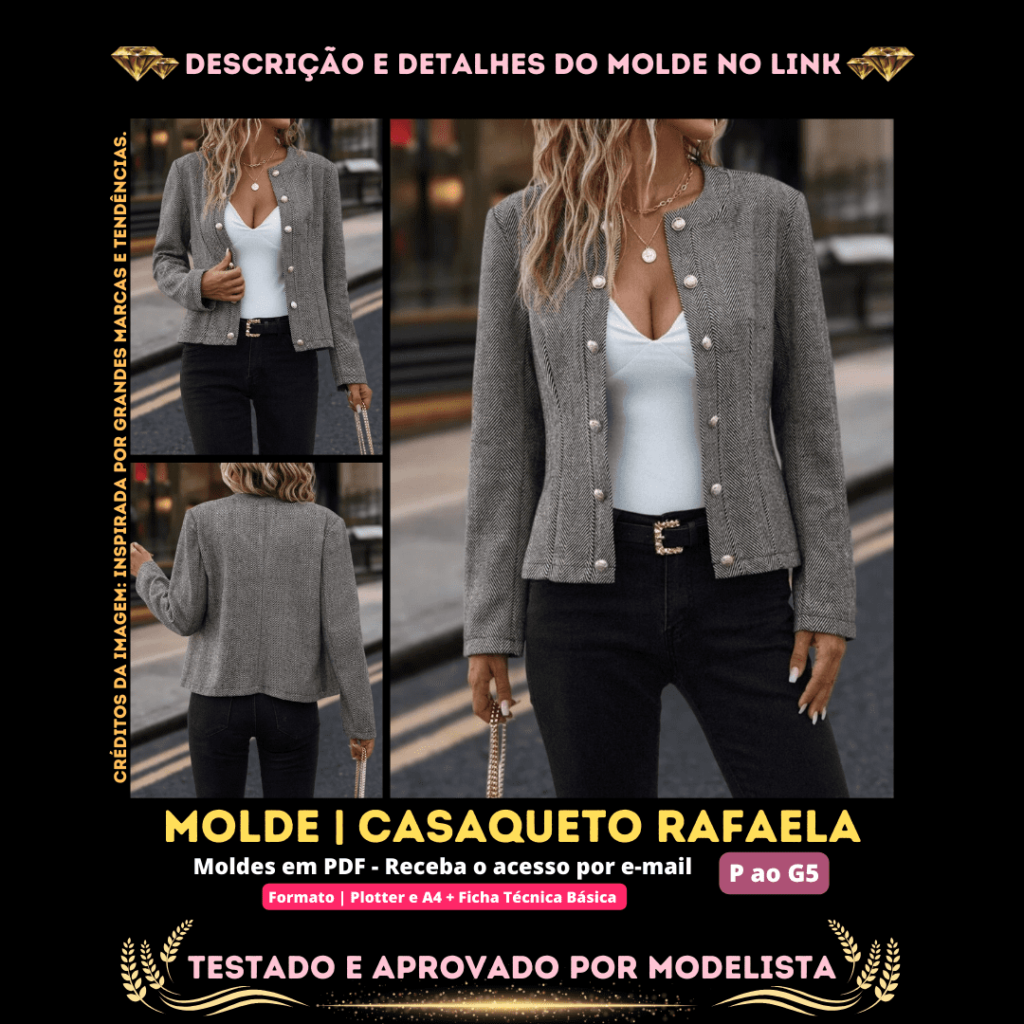 Molde em PDF - Casaqueto Rafaela (Casaqueto Estilo Casual Gola Redonda Manga Comprida e Botões de Enfeite)