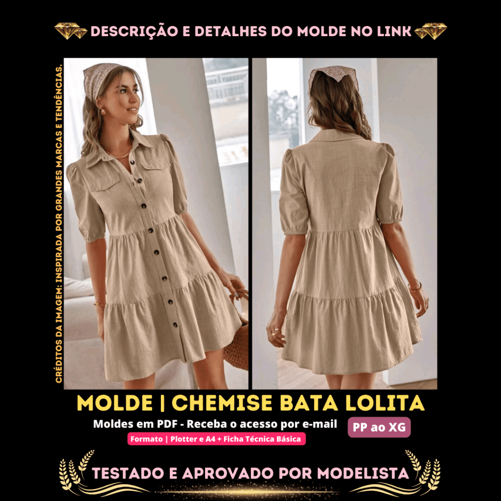 Chemise Bata Lolita (Chemise Estilo Bata com Saia de 2 Babados Gola e Colarinho Bolso Fake Manga Bufante Curta com Elástico Abotoamento Frontal)