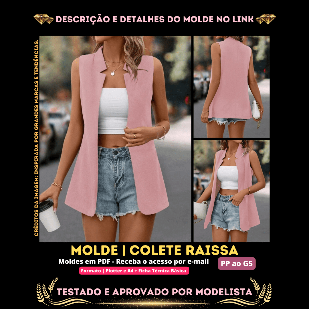 Molde em PDF - Colete Raissa (Colete Estilo Casual Colete Blazer Longo com Gola Entalhada)