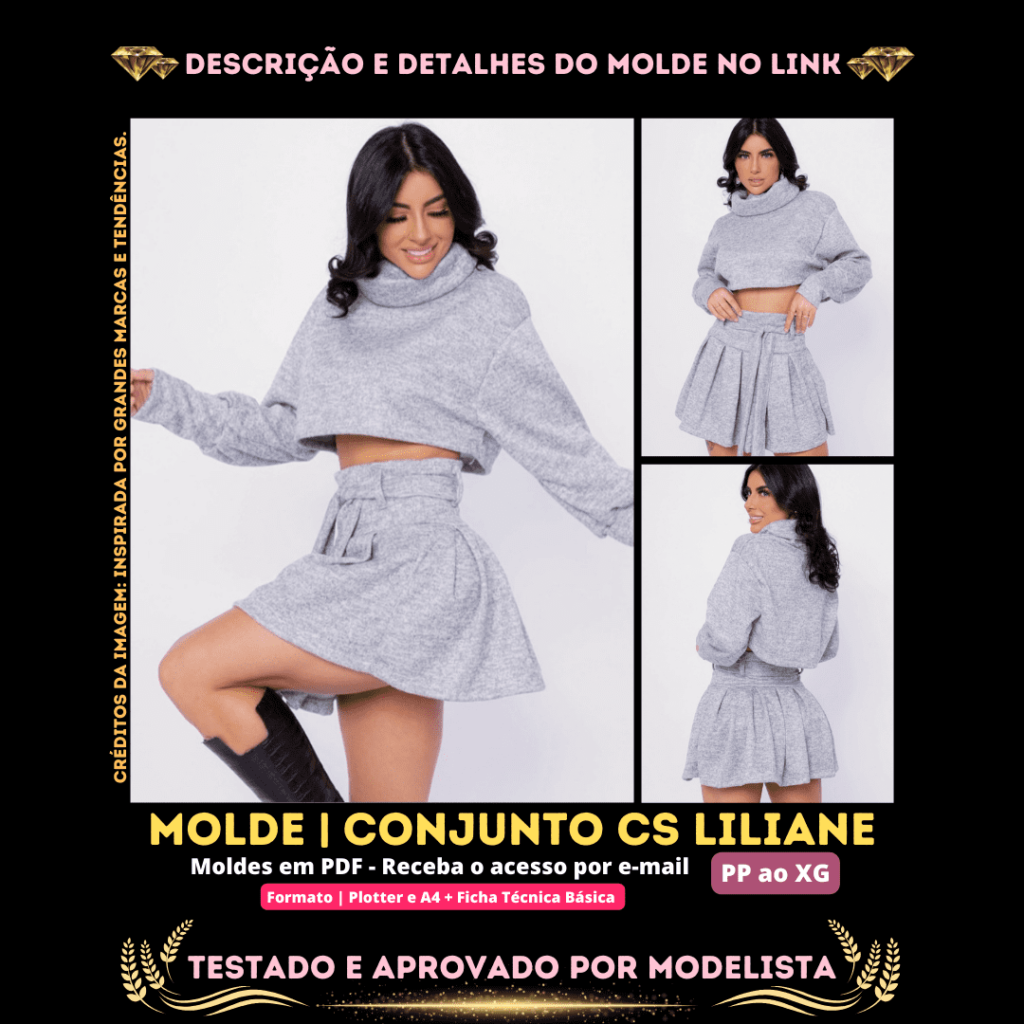 Molde em PDF - Conjunto CS Liliane (Conjunto Estilo Sexy Cropped Gola Alta Manga Longa com Punho + Saia Mini Plissada com Cinto)