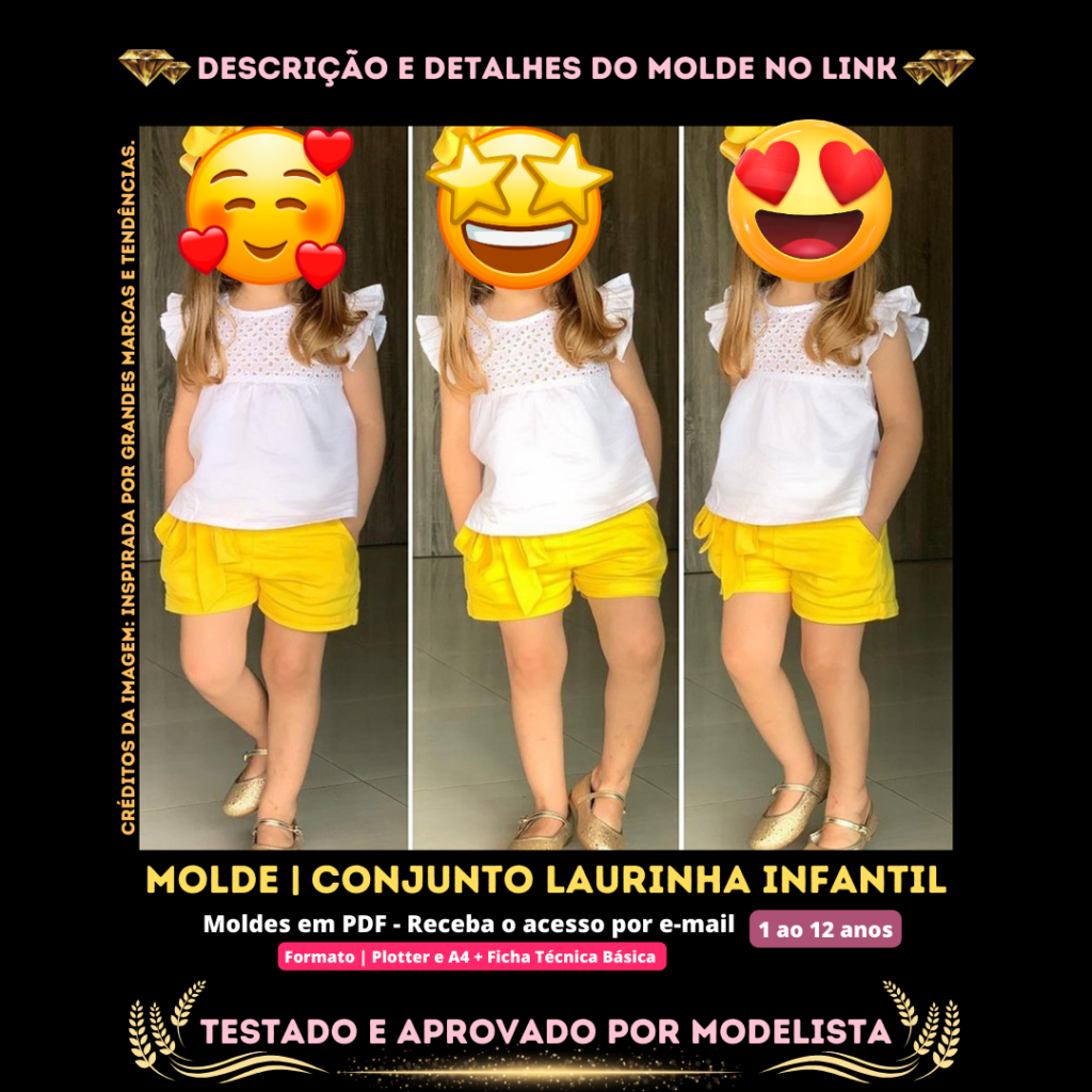 Molde em PDF - Conjunto Laurinha Infantil (Conjunto Estilo Casual Blusa Gola Redonda Manga Curta com Babado + Short com Elástico na Cintura e Bolsos)