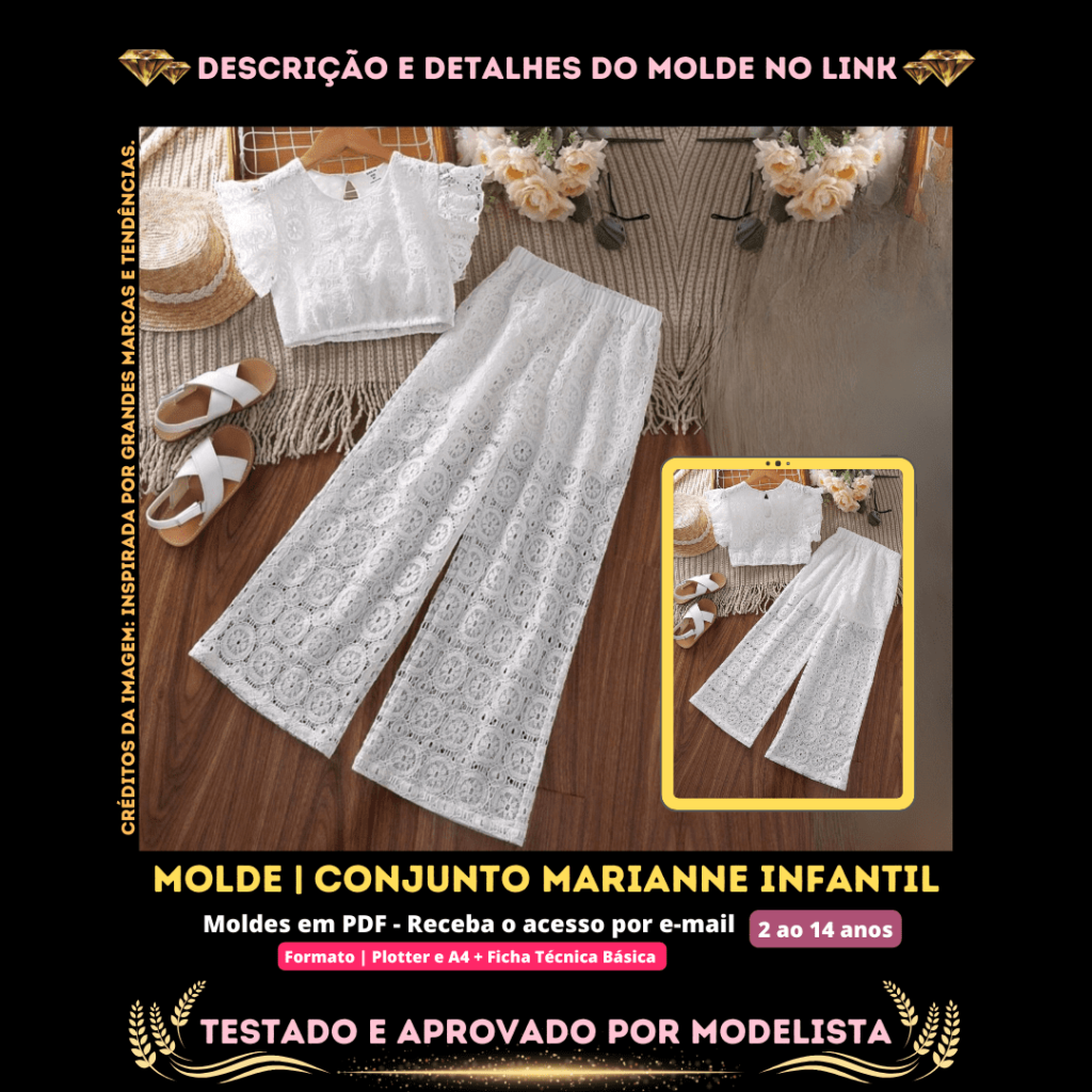 Molde em PDF - Conjunto Marianne Infantil (Conjunto Estilo Casual Cropped Gola Redonda Manga Curta com Babado + Calça Pantalona com Elástico na Cintura)