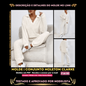 Molde em PDF - Conjunto Moletom Clarke (Conjunto Estilo Casual Blusa Colarinho Decote em V Manga Comprida Ombro Caído e Calça com Bolso)