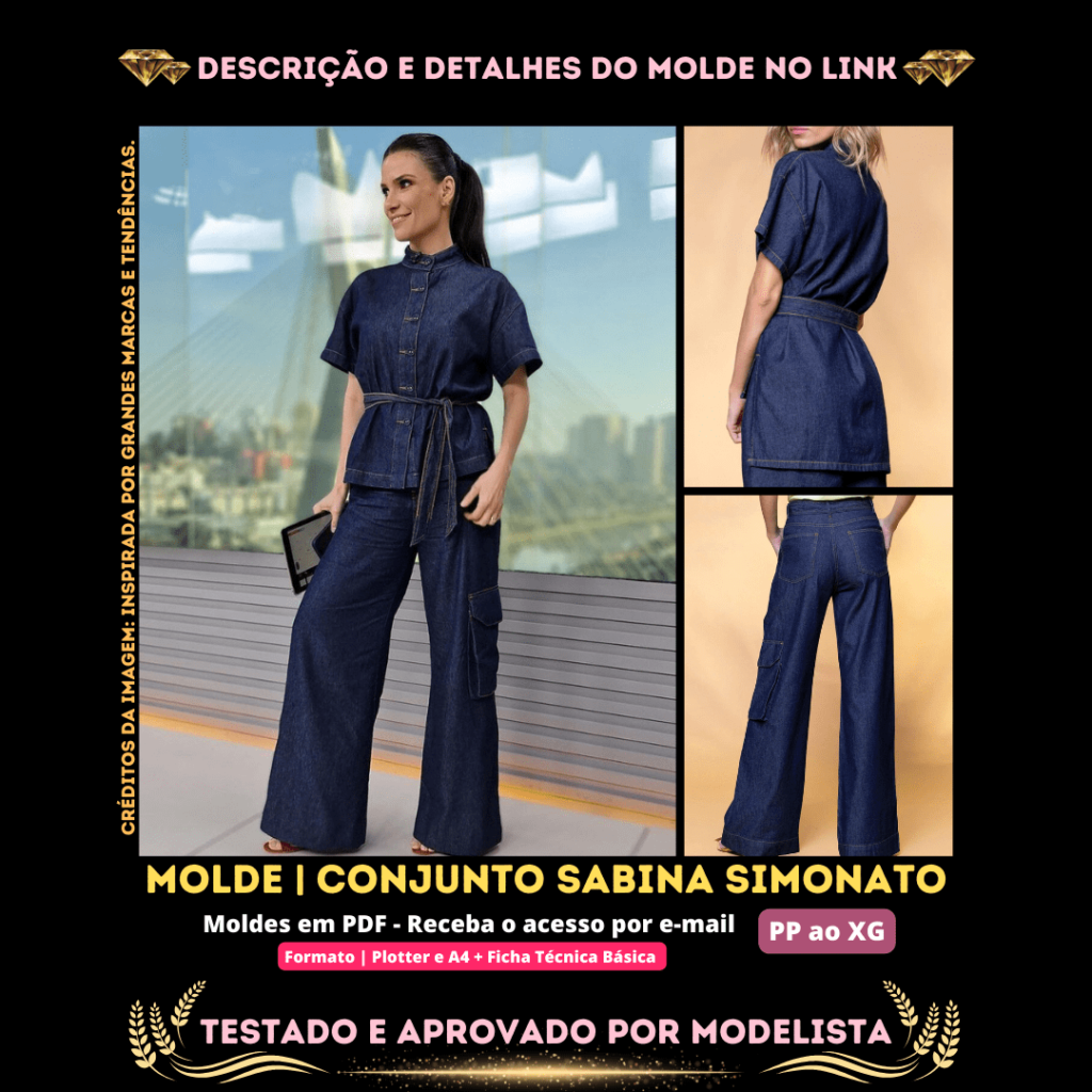 Molde em PDF - Conjunto Sabina Simonato (Conjunto Estilo Casual Camisa Gola Padre Abertura com Botões Forrado na Frente Manga Curta Comprimento Assimétrico Frente e Costas Mullet + Calça Pantalona Passante no Cós Abertura com Botão e Zíper Faixa para Amarração na Cintura Bolsos Laterais Comprimento Longo) 