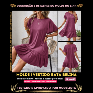 Vestido Bata Belina (Vestido Estilo Casual Bainha com Babado Gola Redonda Manga Curta Esvoaçante Cintura Baixa)