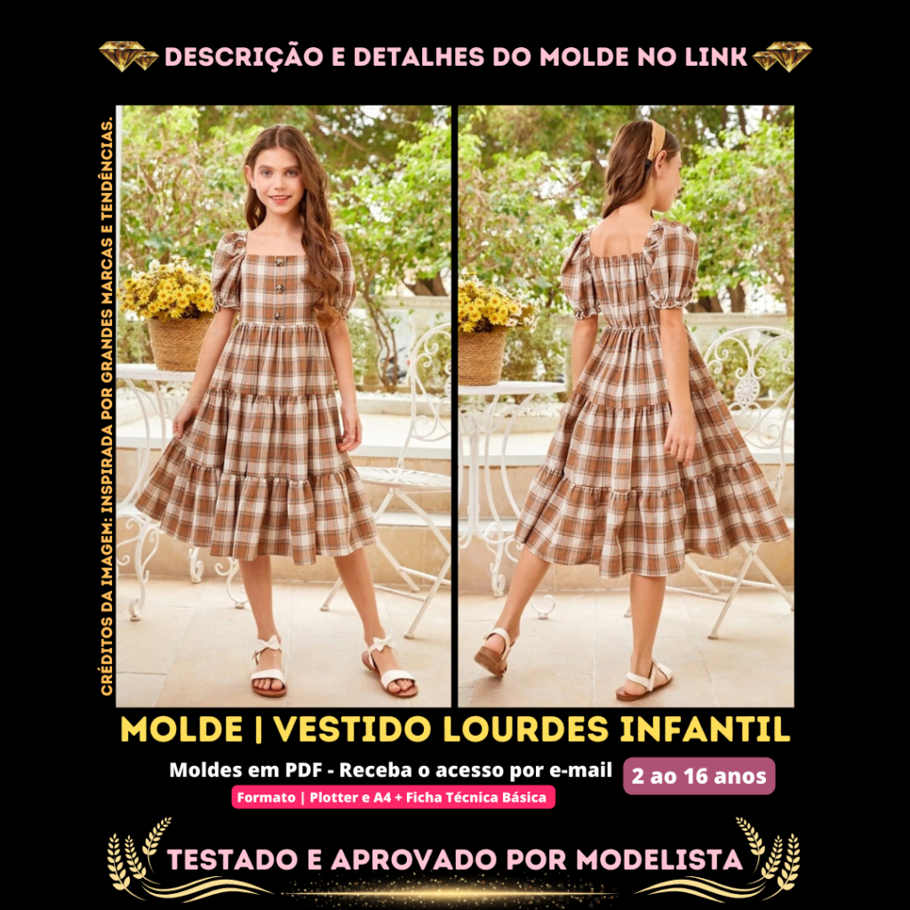 Molde em PDF - Vestido Lourdes Infantil (Estilo Casual com Manga Bufante, 3 Marias, Gola Quadrada e Botões na Frente)