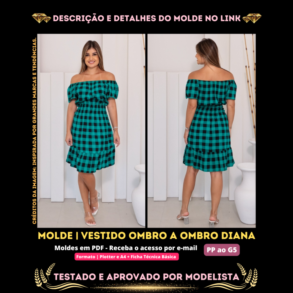 Vestido Ombro a Ombro Diana – Molde em PDF do PP ao G5 com Modelagem ...