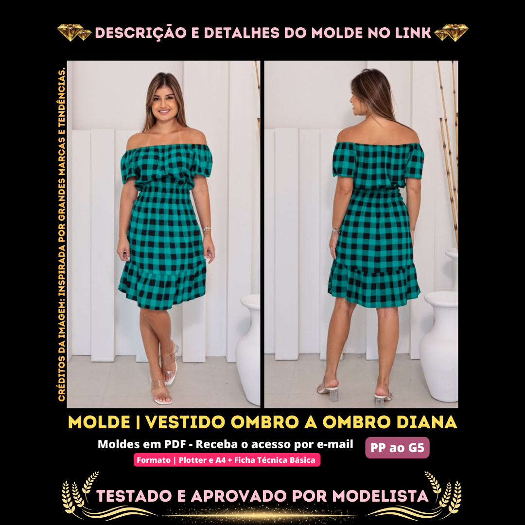 Molde em PDF - Vestido Ombro a Ombro Diana (Vestido Estilo Casual Ombro a Ombro Elástico na Cintura Babado na Bainha)