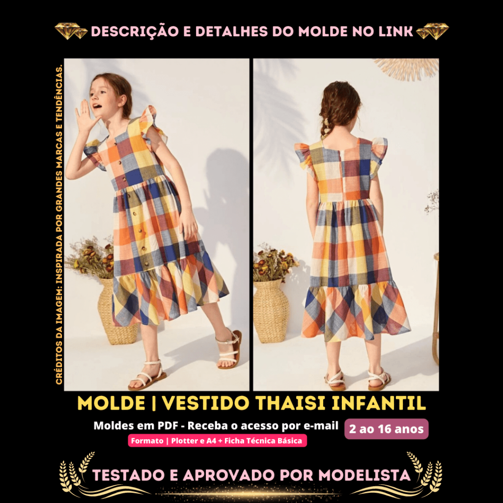 Molde em PDF - Vestido Thaisi Infantil (Vestido Estilo Casual Manga Curta Bainha com Babado Gola Quadrado e Botões na Frente)