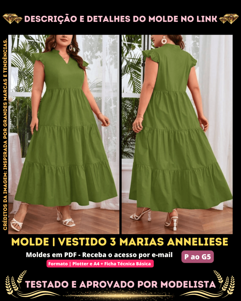 Molde em PDF - Vestido 3 Marias Anneliese (Vestido Estilo Casual Decote em V Entalhado Manga Boné Esvoaçante Cintura Alta com 3 Babados)