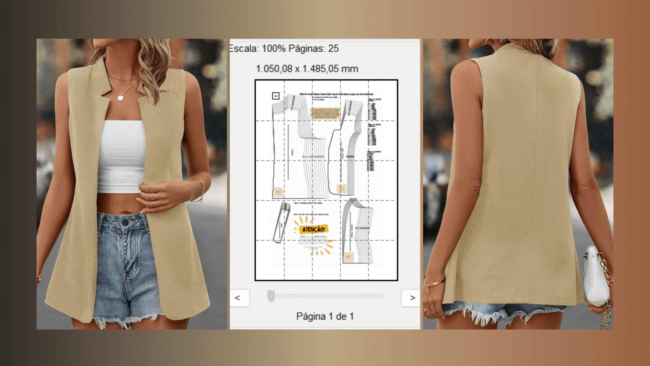 Adquira o molde em PDF do Colete Raissa, um elegante colete blazer longo com gola entalhada, ideal para um estilo casual sofisticado.