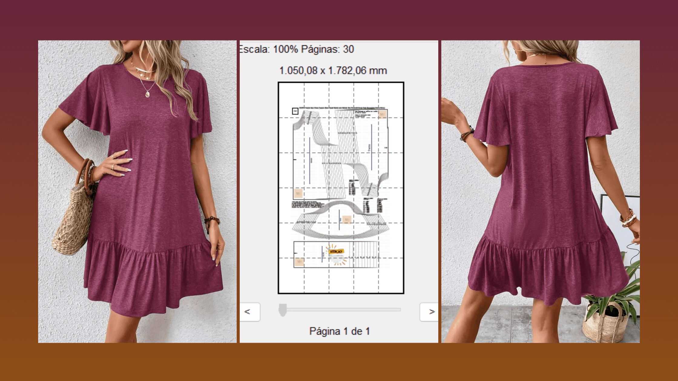 Molde em PDF - Vestido Bata Belina (Vestido Estilo Casual Bainha com Babado Gola Redonda Manga Curta Esvoaçante Cintura Baixa)