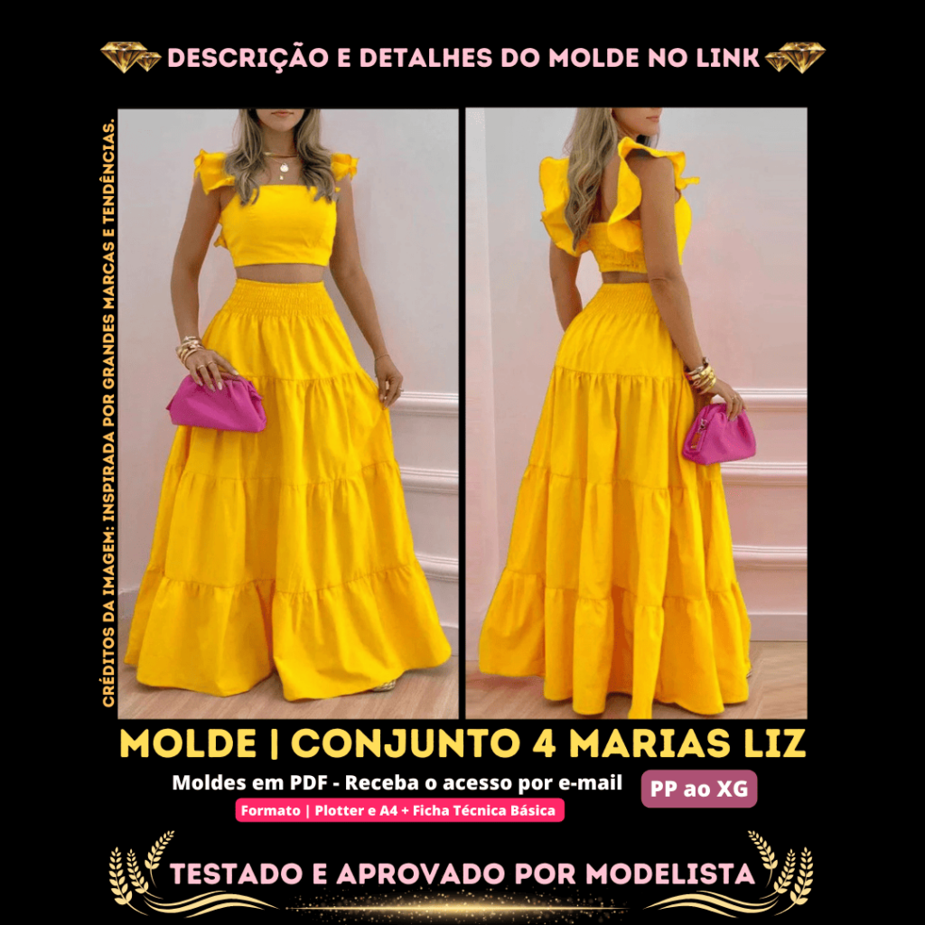 Molde em PDF - Conjunto 4 Marias Liz (Conjunto Estilo Casual Saia 4 Marias e Cropped com Babado na Manga)