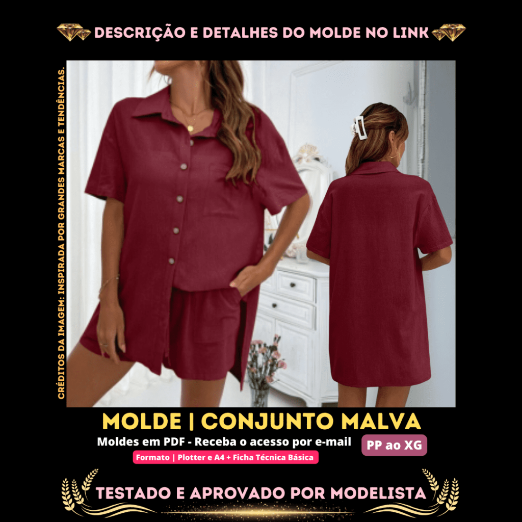 Molde em PDF - Conjunto Malva (Conjunto Estilo Casual | Blusa com Botões e Bolso + Bermuda com Bolso)