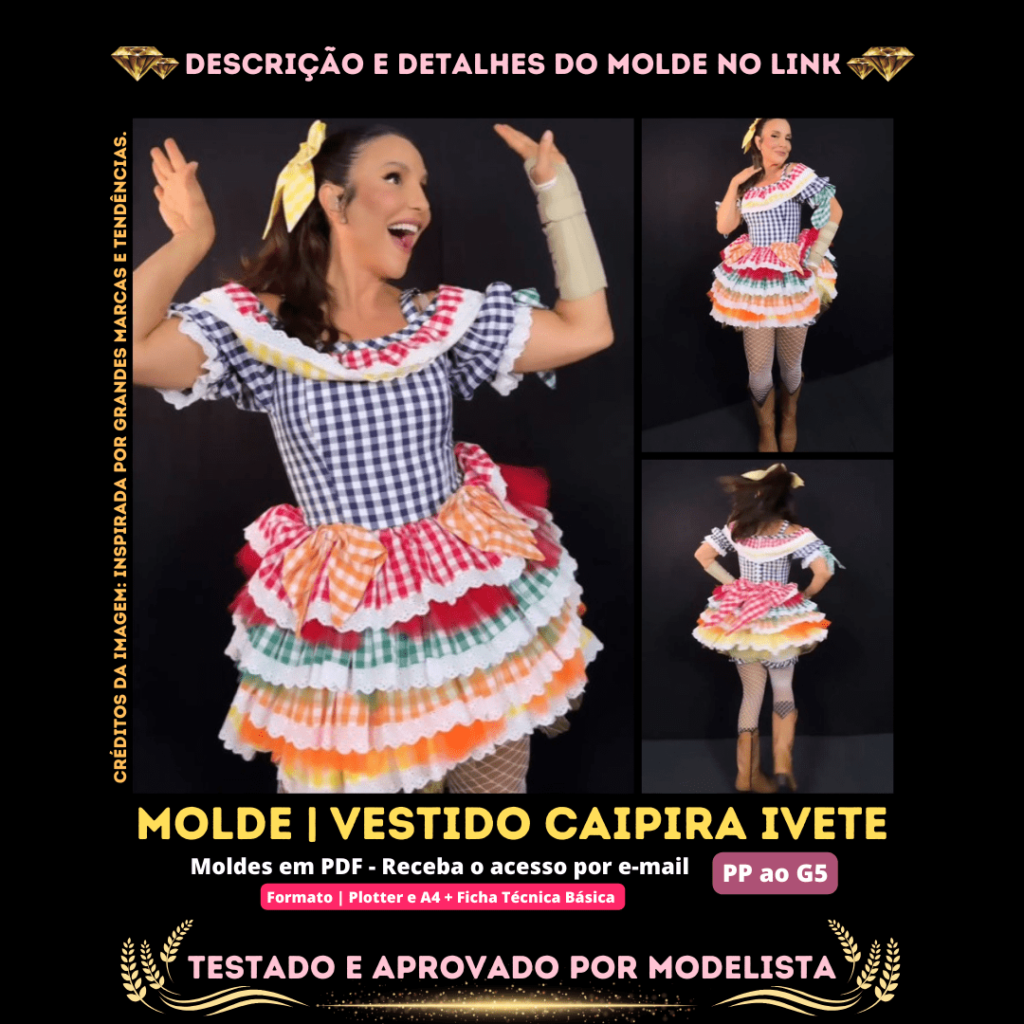 Molde em PDF - Vestido Caipira Ivete (Vestido Estilo Festa Curto Ombro a Ombro Alça com Babados em Camadas Zíper Atrás)