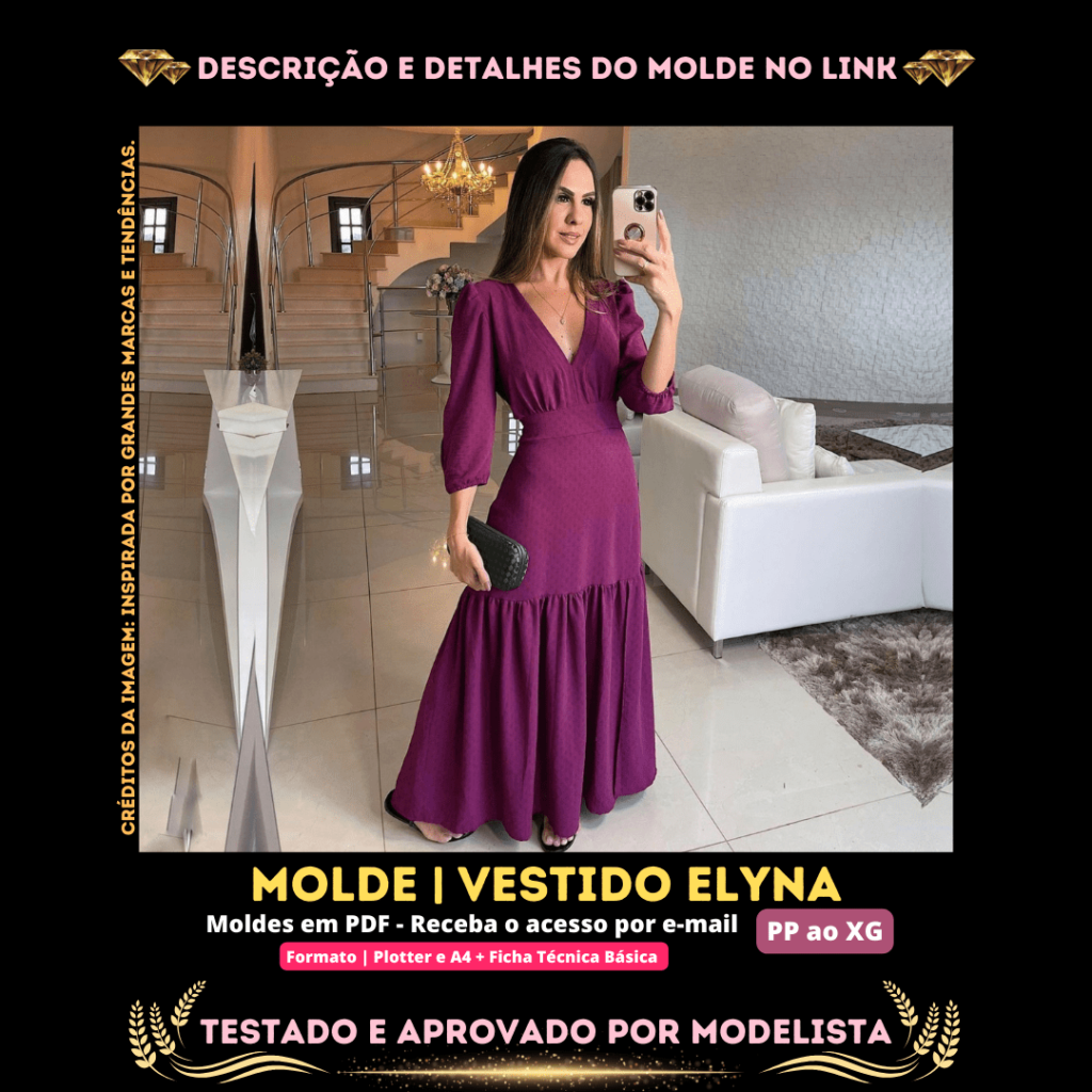 Molde em PDF - Vestido Elyna (Vestido Estilo Elegante Longo com Decote em V)
