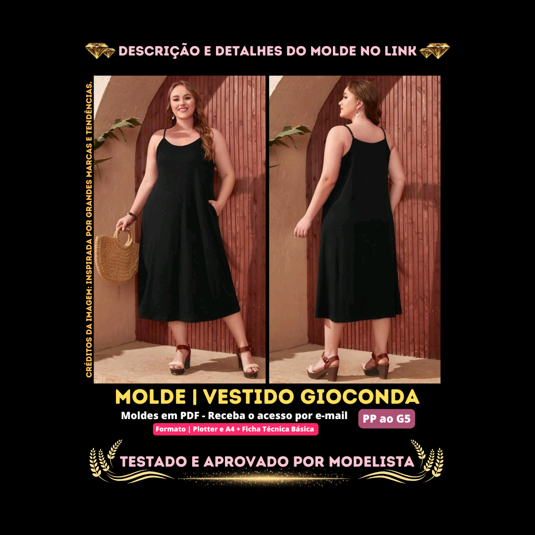 Molde em PDF - Vestido Gioconda (Vestido Estilo Casual Midi de Alças Finas com Saia Evasê e Bolsos Laterais)