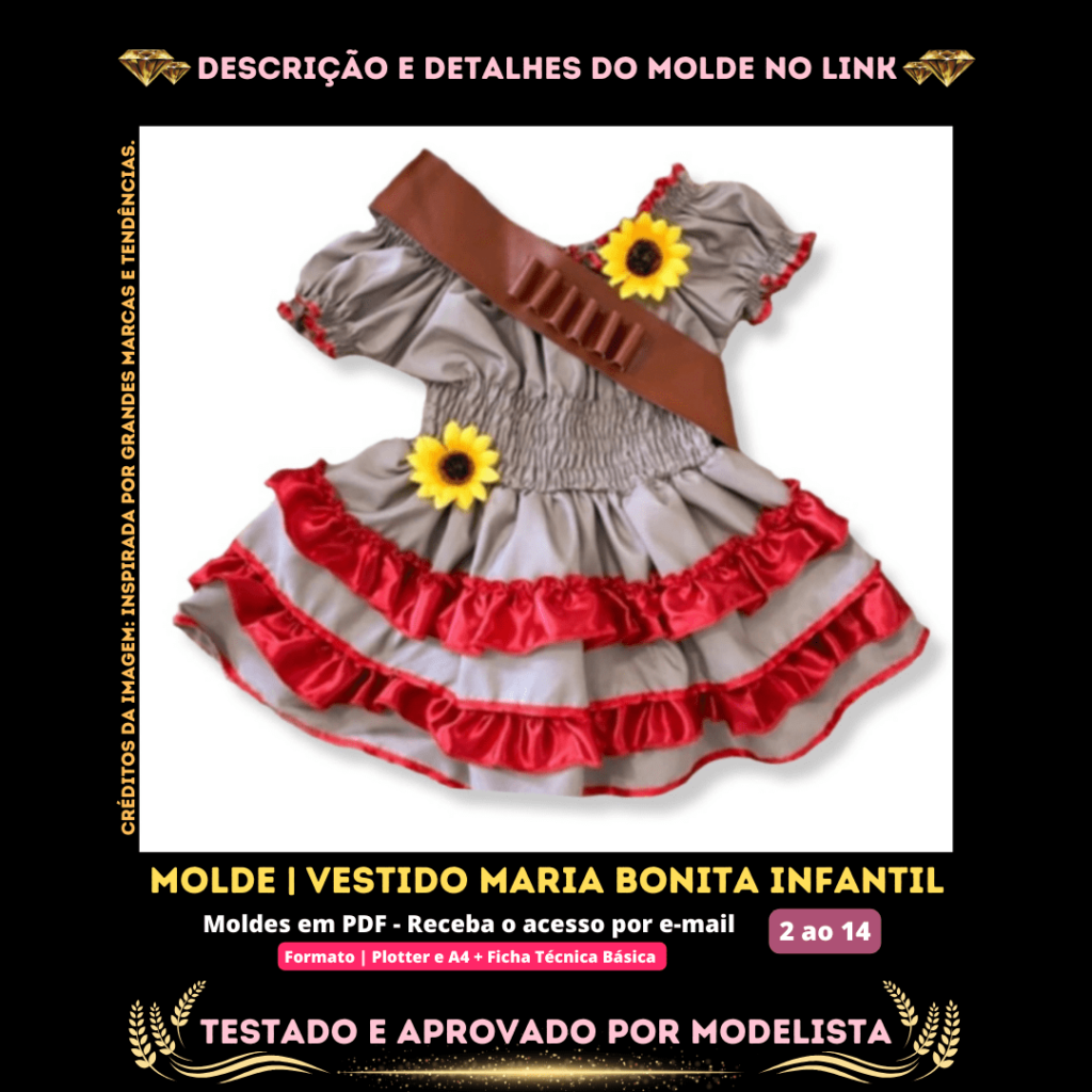 Molde em PDF - Vestido Maria Bonita Infantil (Vestido Estilo Festa Curto Ombro a Ombro Saia com Babados Elastex na Cintura)