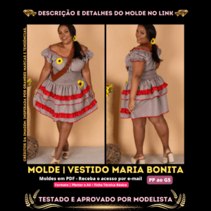 Molde em PDF - Vestido Maria Bonita (Vestido Estilo Festa Curto Ombro a Ombro Saia com Babados Elastex na Cintura)