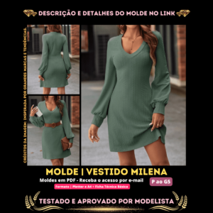 Molde em PDF - Vestido Milena (Blusa Estilo Casual Decote em V Manga Comprida Bishop)