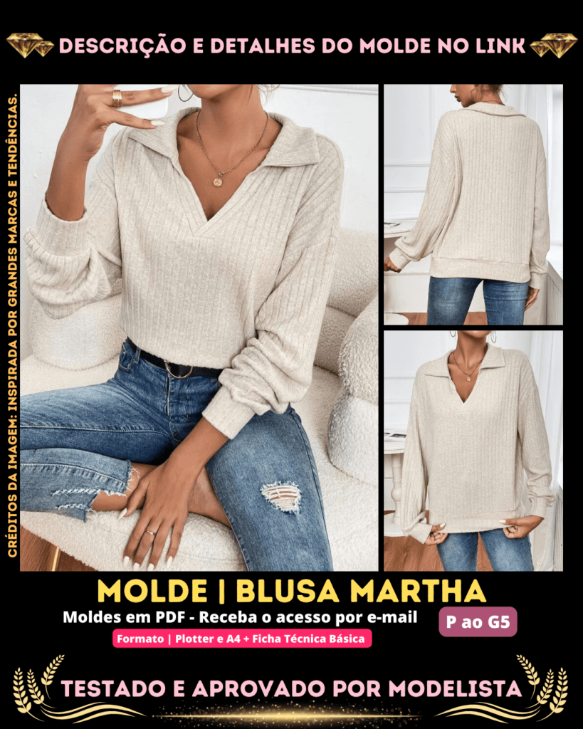 Molde em PDF - Blusa Martha (Blusa Estilo Casual Colarinho Decote em V Manga Comprida Ombro Caído)