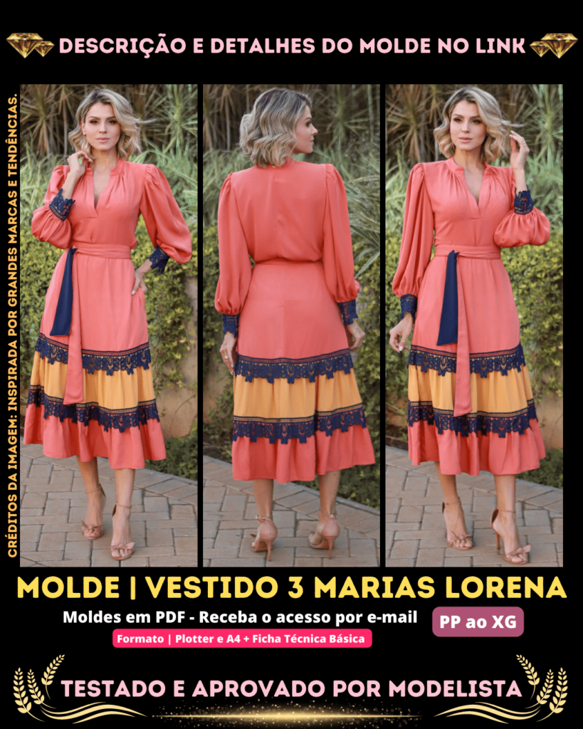 Molde em PDF - Vestido 3 Marias Lorena