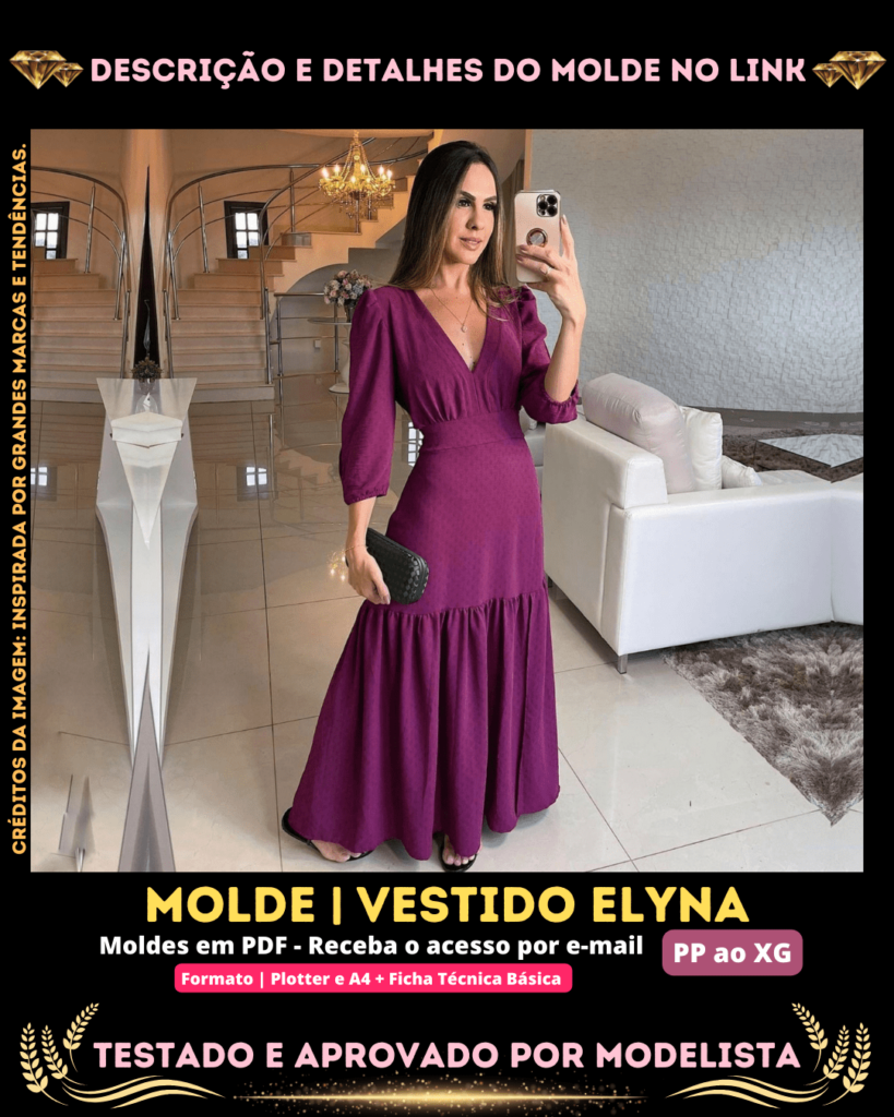 Molde em PDF - Vestido Elyna (Vestido Estilo Elegante Longo com Decote em V)