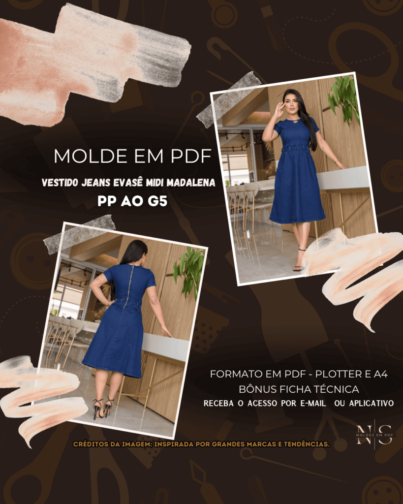 Molde em PDF - Vestido Jeans Evasê Midi Madalena