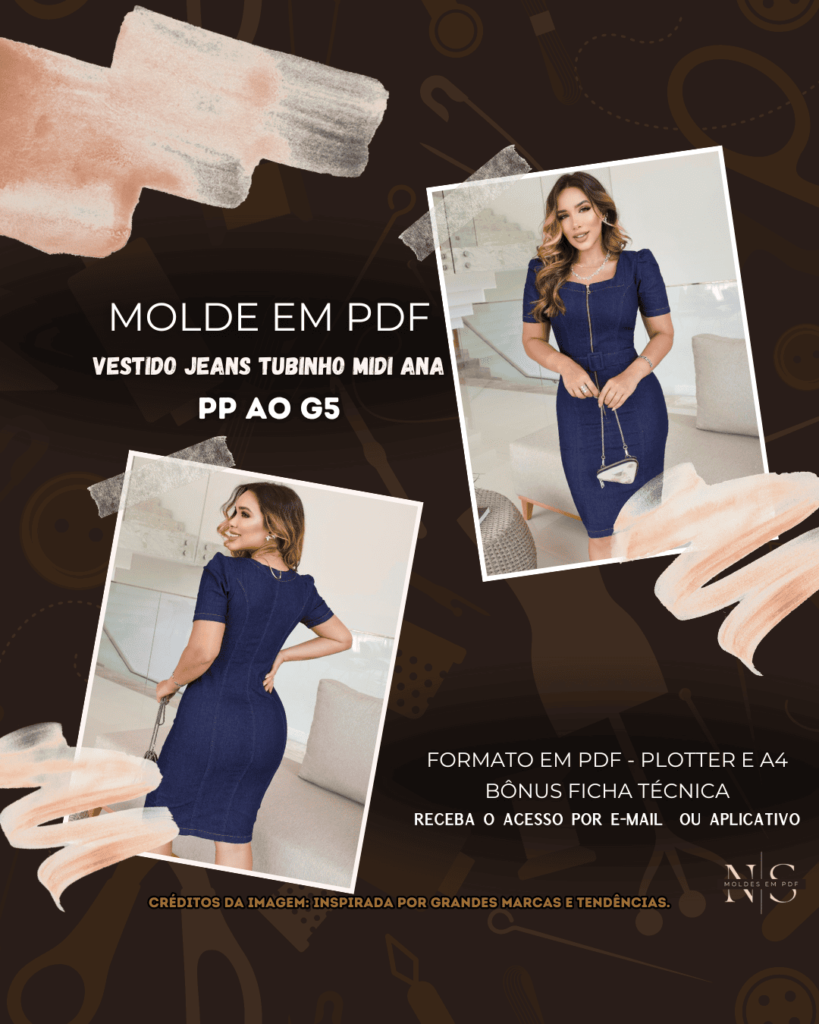 Molde em PDF - Vestido Jeans Tubinho Midi Ana