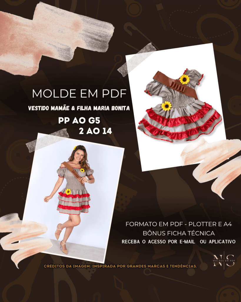 Molde em PDF - Vestido Mamãe & Filha Maria Bonita (Vestido Estilo Festa Curto Ombro a Ombro Saia com Babados Elastex na Cintura)