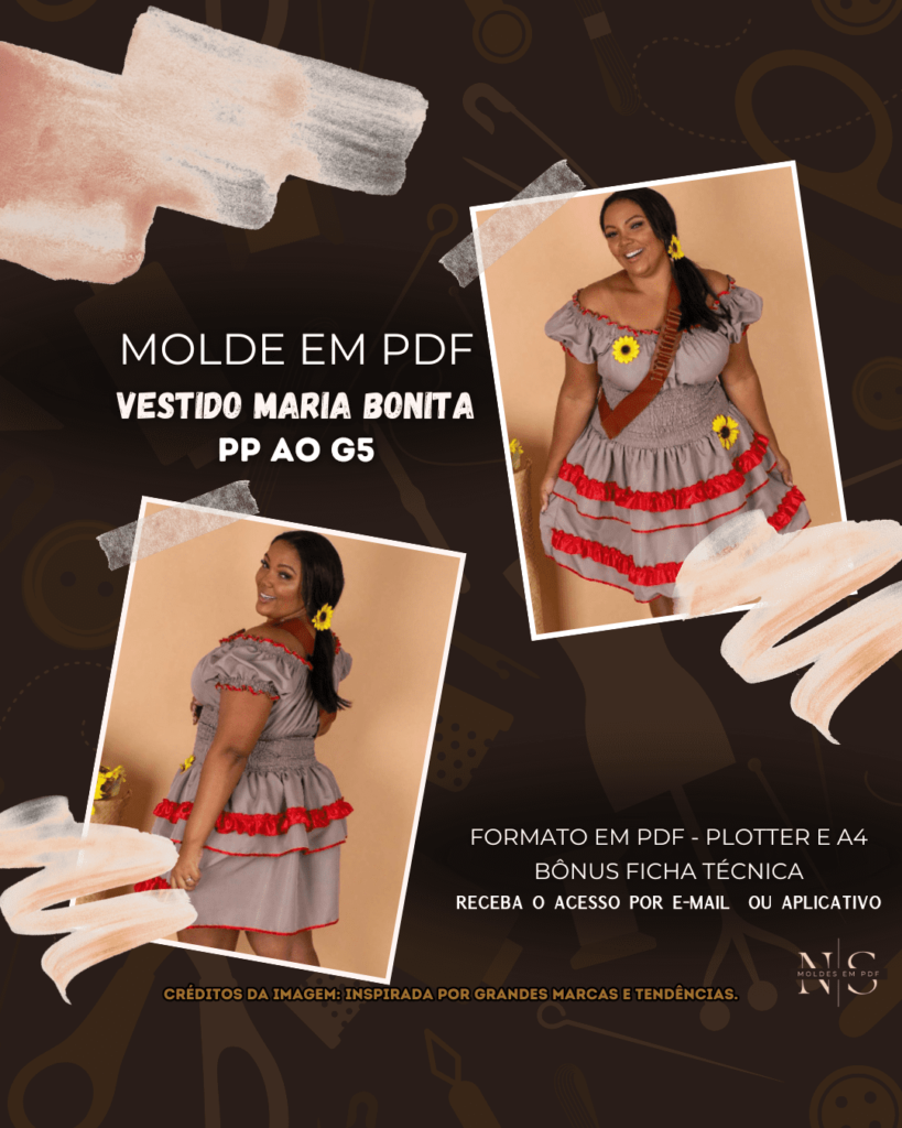 Molde em PDF - Vestido Maria Bonita (Vestido Estilo Festa Curto Ombro a Ombro Saia com Babados Elastex na Cintura)