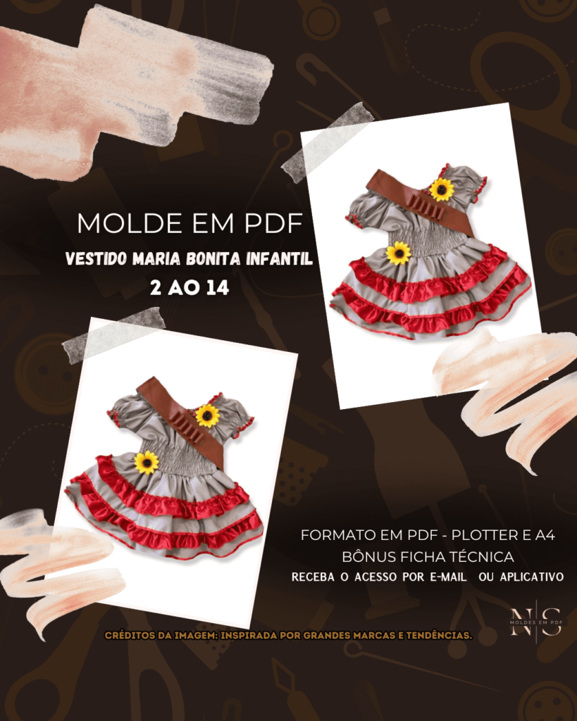 Molde em PDF - Vestido Maria Bonita Infantil (Vestido Estilo Festa Curto Ombro a Ombro Saia com Babados Elastex na Cintura)