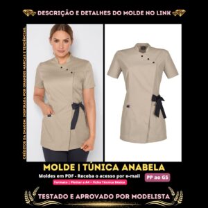 Molde em PDF - Túnica Anabela (Uniforme Túnica Estilo Casual Gola Alta Decote com Botões Fechamento Lateral com Cinto Mangas Curtas 2 Bolsos Grande Fendas Laterais)