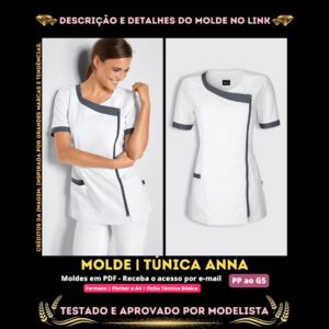 Molde em PDF - Túnica Anna (Uniforme Túnica Estilo Casual Decote em V Arredondado com Zíper Lateral Mangas Curtas 2 Bolsos Grandes e 1 Pequeno Acabamentos em Contraste Fendas Laterais)