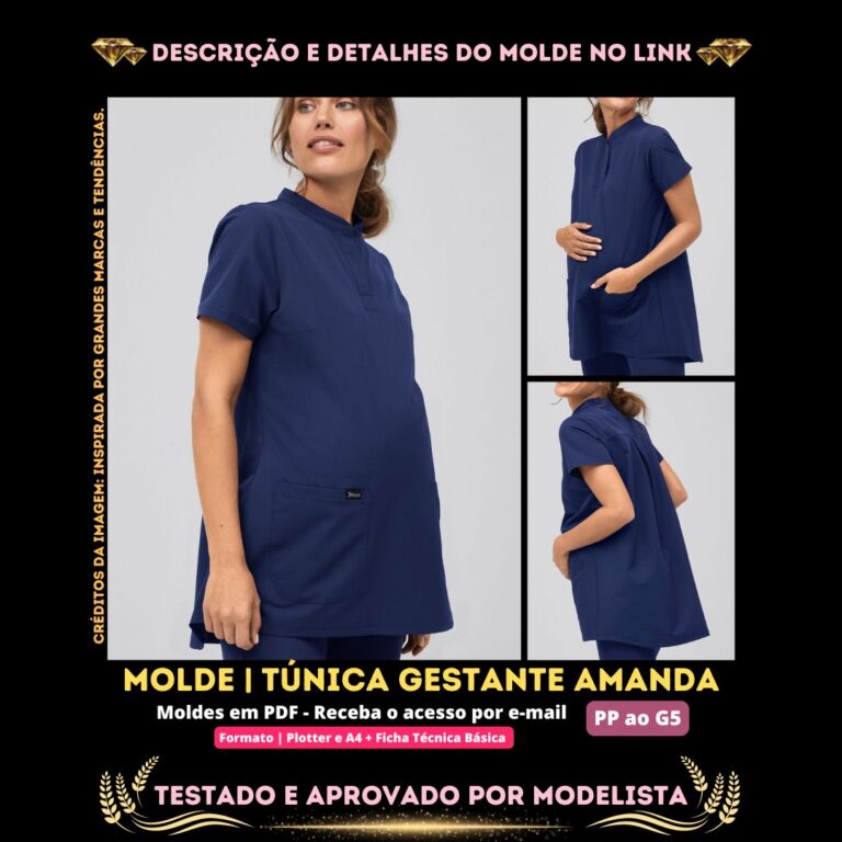 Molde em PDF - Túnica Gestante Amanda (Uniforme Túnica Estilo Casual Mangas Curtas Gola Padre Bolsos Frontais)