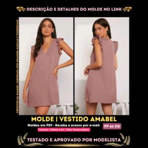 Molde em PDF - Vestido Amabel (Vestido Estilo Casual Túnica com Gola V e Manga Borboleta)⁣