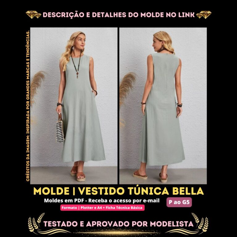 Molde em PDF - Vestido Túnica Bella (Vestido Túnica Estilo Casual Sem Mangas Longo com Bolso)⁣