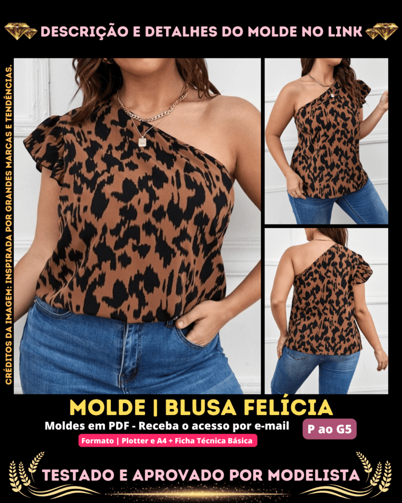 Molde em PDF - Blusa Felícia (Blusa Estilo Casual Ombro Só com Manga Borboleta)