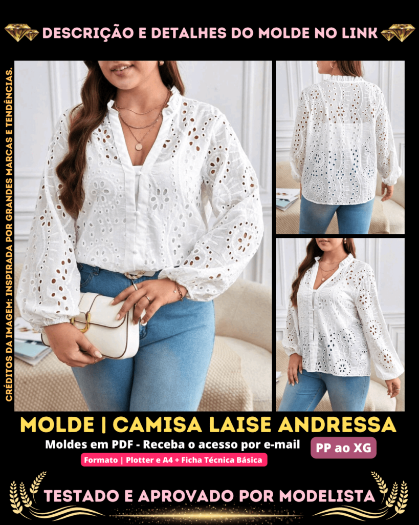 Molde em PDF - Camisa Laise Andressa (Camisa Estilo Casual Gola Entalhada em V Manga Longa Bishop com Botões na Frente)