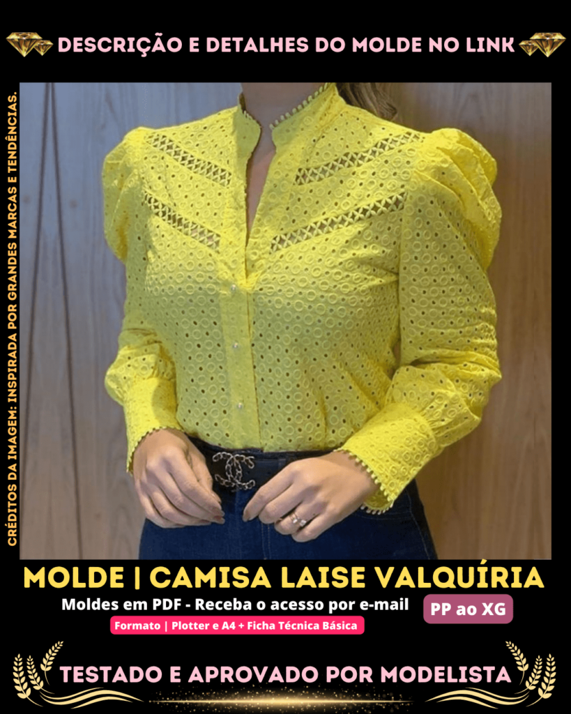 Molde em PDF - Camisa Laise Andressa (Camisa Estilo Casual Gola Entalhada em V Manga Longa Bishop com Botões na Frente)