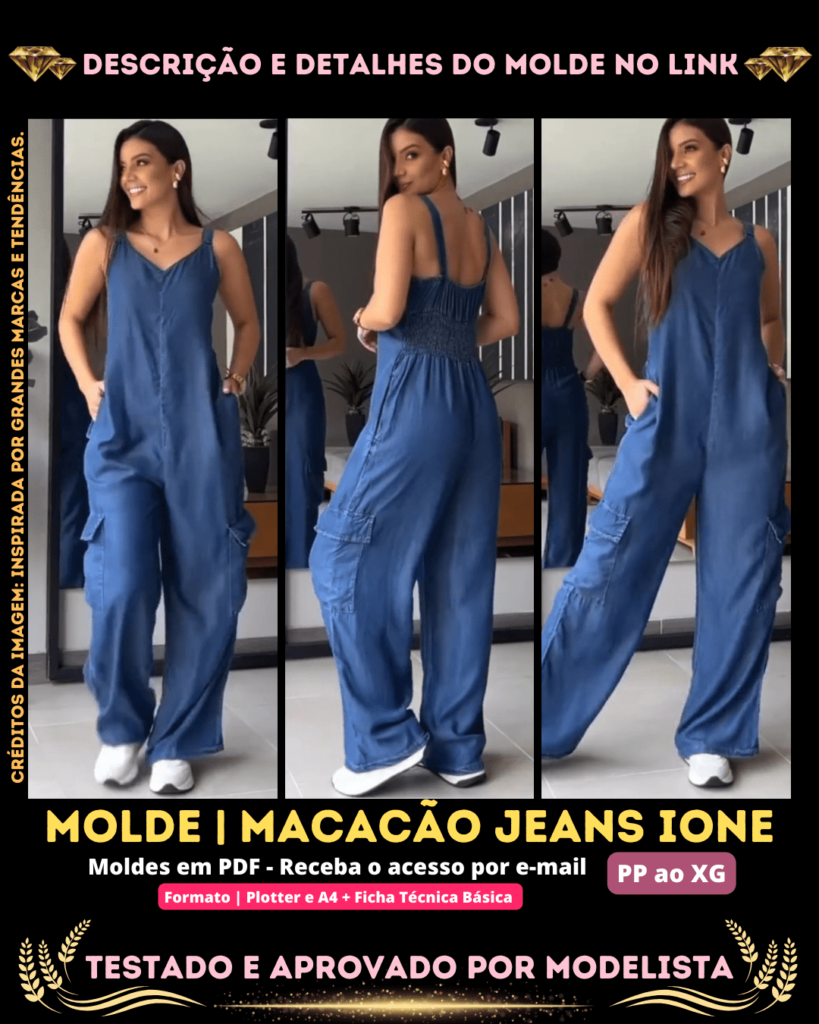 Molde em PDF - Macacão Jeans Ione (Macacão Estilo Casual Decote em V Alça Larga com Elastex nas Costas e Bolso com Aba na Lateral)