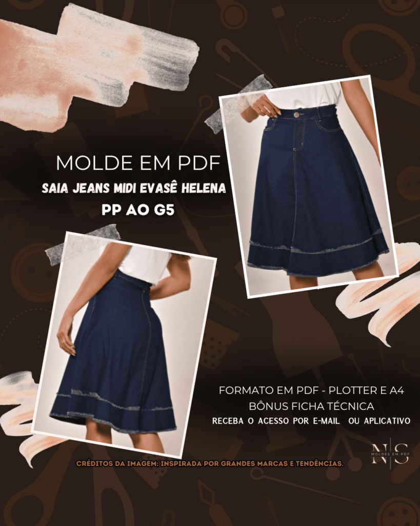 Molde em PDF - Saia Jeans Midi Evasê Helena (Saia Estilo Casual Midi Evasê Cintura Alta Fechamento Frontal com Botão e Zíper Bolso na Frente)