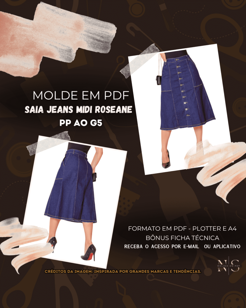 Molde em PDF - Saia Jeans Midi Roseane (Saia Estilo Casual Midi com Botões Frontais Bolsos nas Laterais)