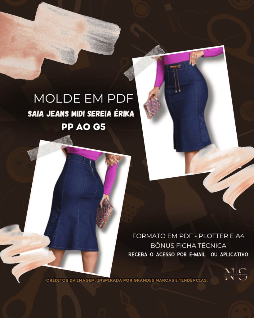 Molde em PDF - Saia Jeans Midi Sereia Érika (Saia Estilo Casual Midi Sereia Cintura Alta Fechamento Traseiro com Zíper Cordão de Detalhe)