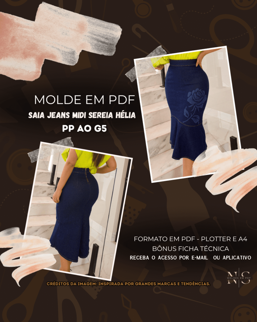 Molde em PDF - Saia Jeans Midi Sereia Hélia (Saia Estilo Casual Midi Sereia Cintura Alta Cós Largo Fechamento Traseiro com Babado Frente/Atrás)