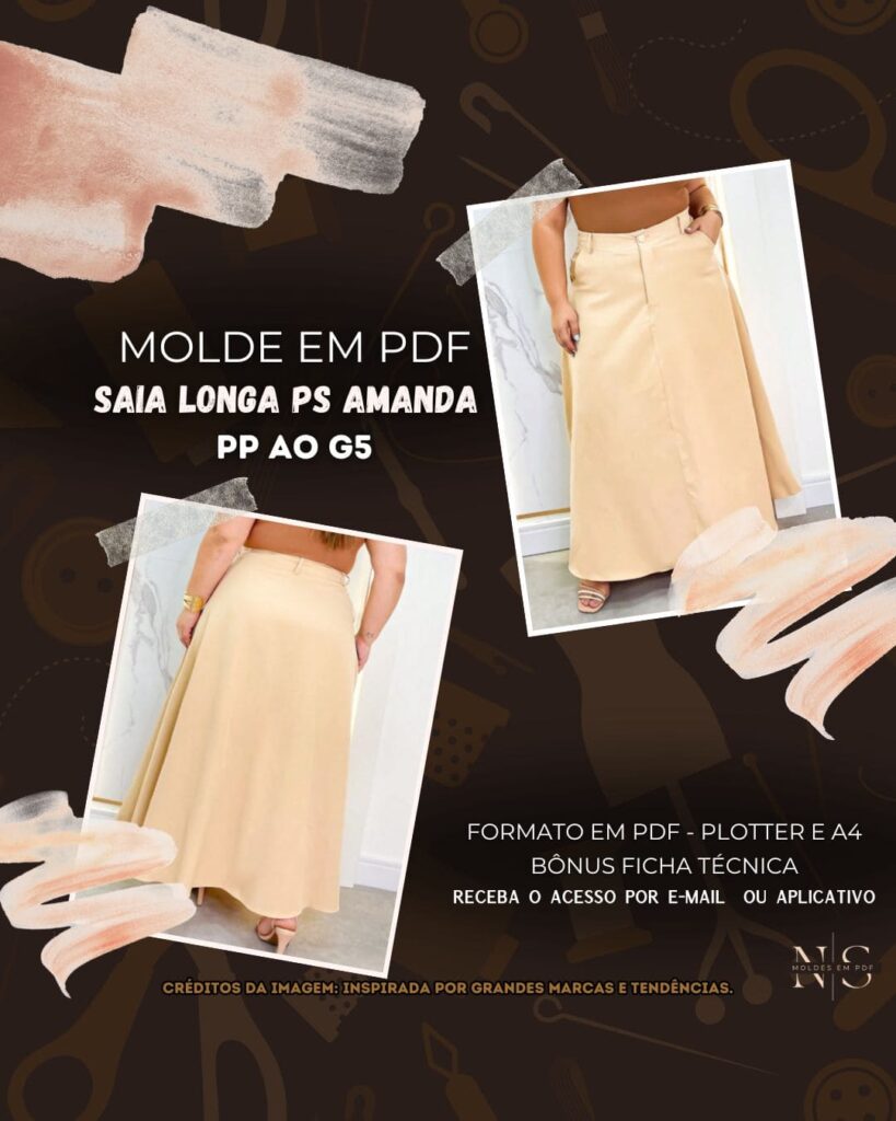 Molde em PDF - Saia Longa PS Amanda (Saia Estilo Casual com Corte em A Cós Alto Fechamento Frontal com Botão e Zíper Bolsos na Frente)