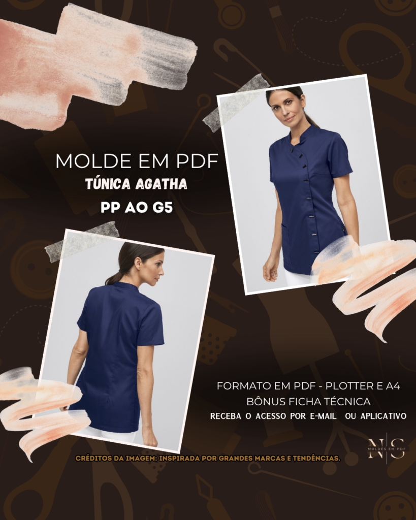 Molde em PDF - Túnica Agatha (Uniforme Túnica Estilo Casual Gola Padre Decote com Botões Fechamento Lateral Mangas Curtas 1 Bolso Grande na Frente Pence Opcional)