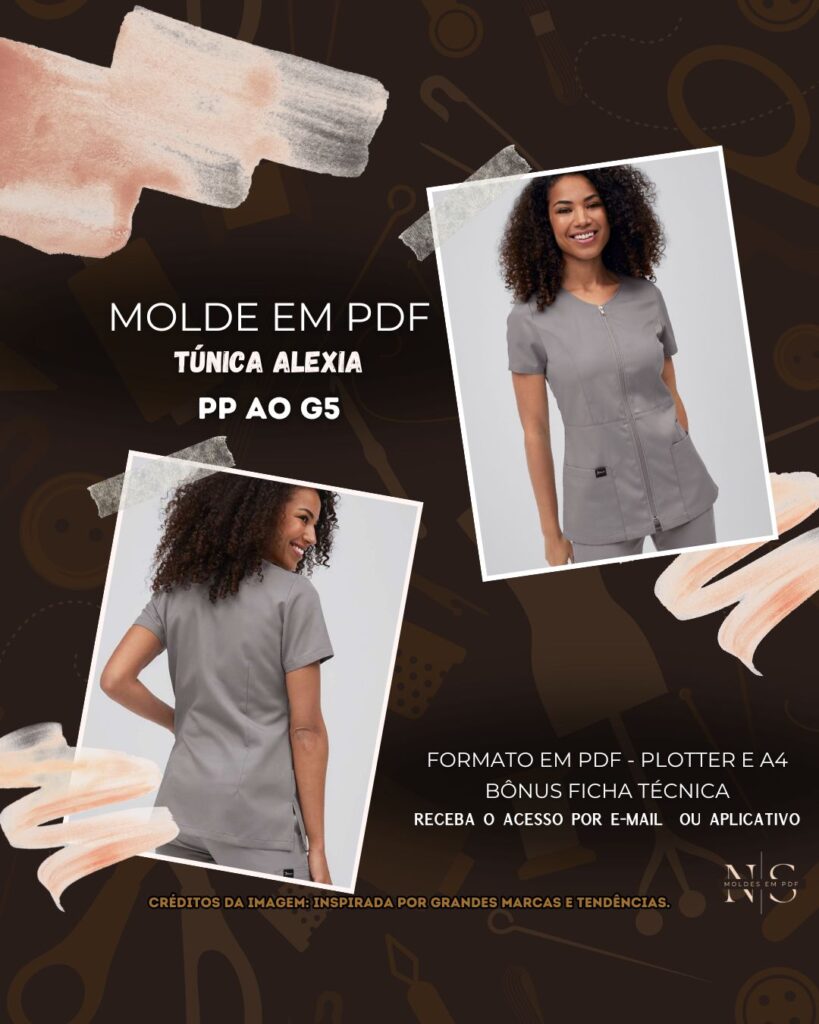 Molde em PDF - Túnica Alexia (Uniforme Túnica Estilo Casual Gola Redonda Mangas Curtas Fecho de Correr 2 Bolsos Laterais Grandes com Bolso Interno Pequeno Fendas na Lateral)